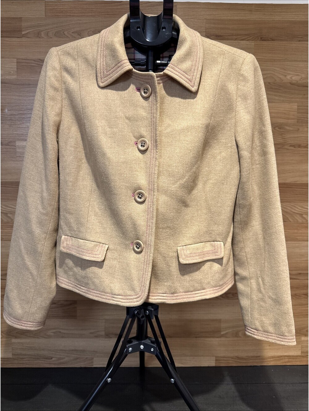 GAP Women’s Large Y2K 2004 Wool Blend Blazer Camel Tan Pink Stitch Plaid Lined